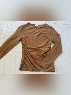Cabi Uptown Tee #5015 Cinnamon Brown Ruched Side Mock Neck Knit Top [S]
